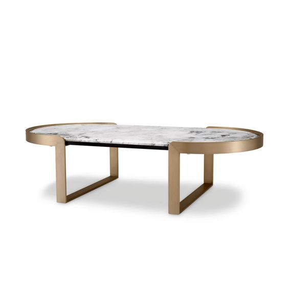 Brass table with oval-shaped marble top