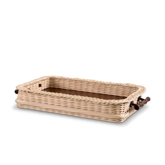 Natural rattan tray with wooden base