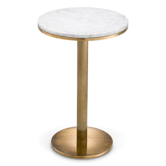 Luxurious white marble round top side table enhanced with vintage brass finish
