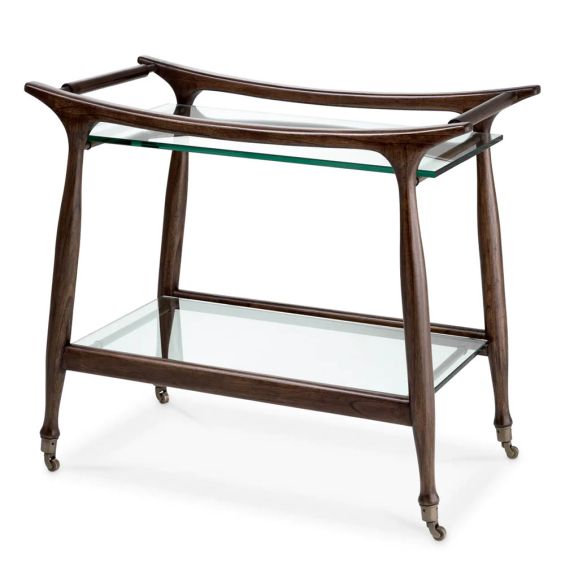Elegant trolley with its timeless brown finish and clear glass top