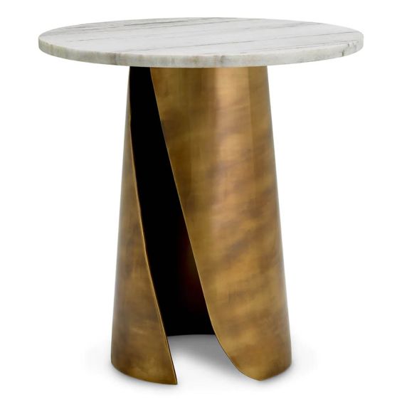 Marble top side table with brass base showcasing slit