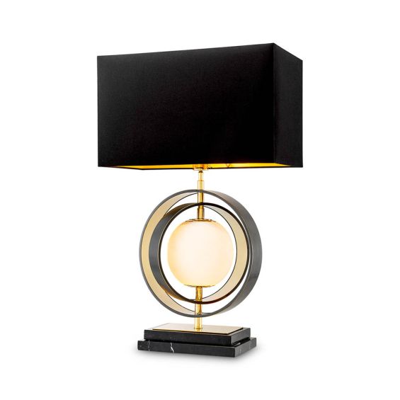 Gold table lamp with pearl orb design and black marble base