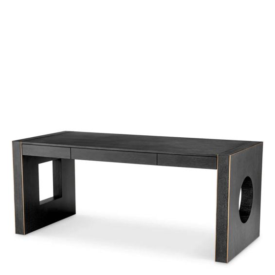 Charcoal grey oak desk with shape cut-outs in legs and subtle bronze finish