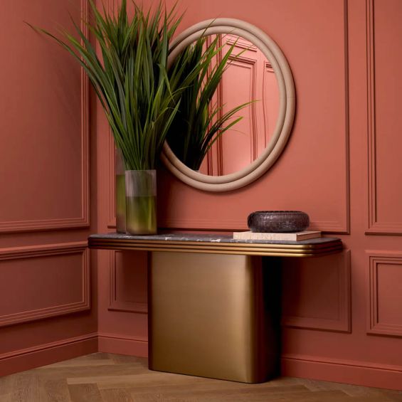 Circular mirror with elegant grey faux leather frame