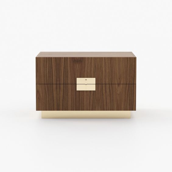 Walnut matte wooden bedside table with golden handles and base