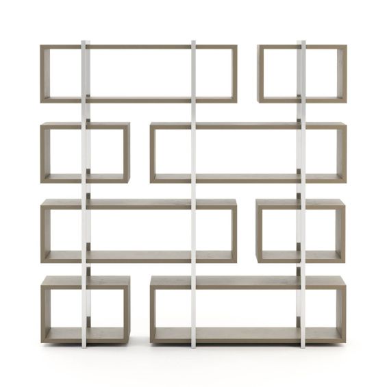 A chic mid-century modern-inspired stainless steel and wood shelving unit