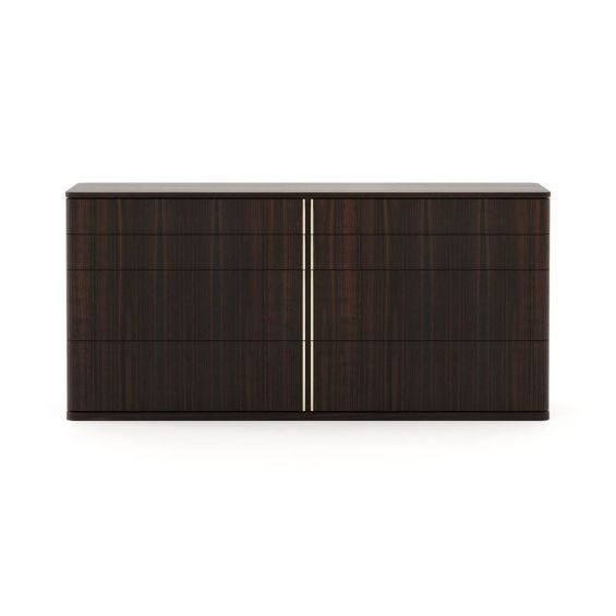 A luxurious smoked eucalyptus chest of drawers with metal accents and 8 drawers