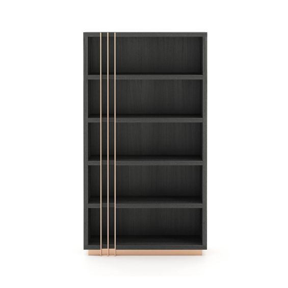 An elegant, wooden bookcase with copper accents by Laskasas