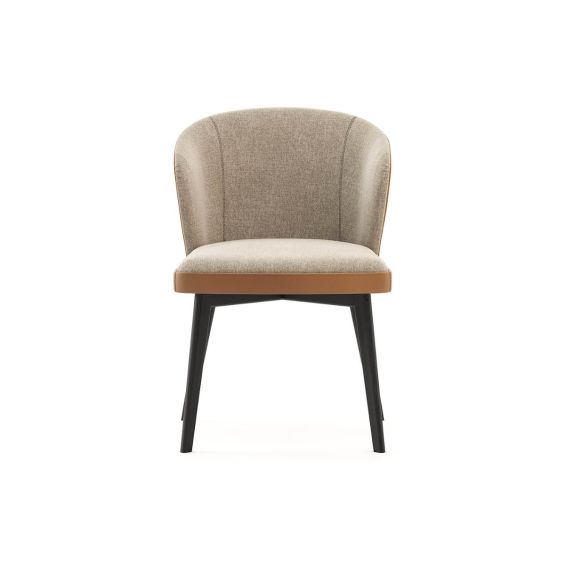 A luxurious dining chair with a caramel, leather back by Laskasas