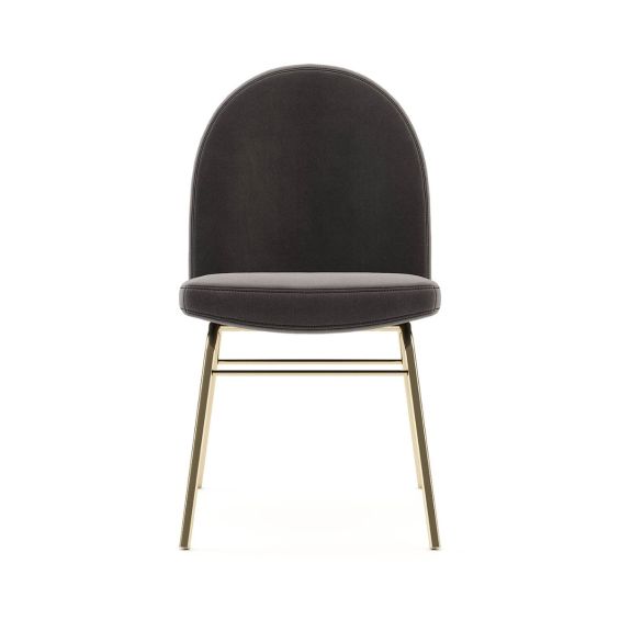A classic contemporary dining chair with velvet upholstery and a golden base. Pictured in Vienna Anthracite.