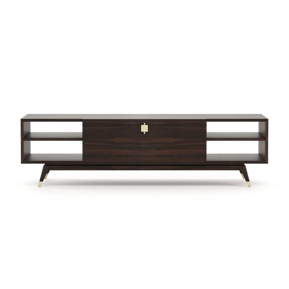 A chic and sophisticated wooden TV cabinet with gold-painted stainless steel accents 