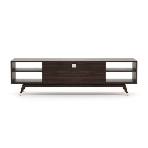 A chic and sophisticated wooden TV cabinet with gold-painted stainless steel accents 