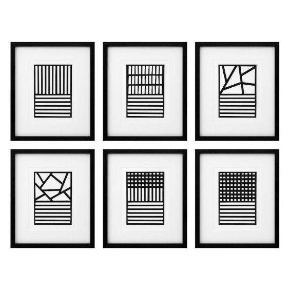 Set of 6 monochrome, abstract prints in black frame with clear glass