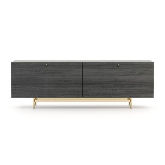 A contemporary sideboard made from eucalyptus wood with a golden, stainless steel base