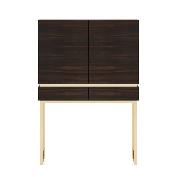 A chic, contemporary bar cabinet with retro undertones and golden accents 