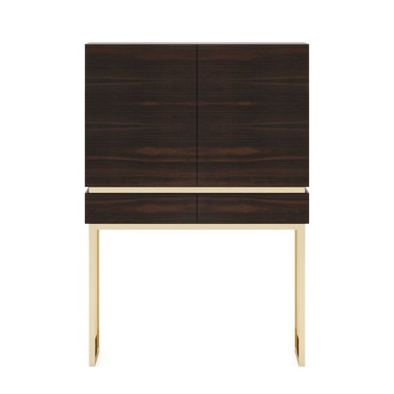 A chic, contemporary bar cabinet with retro undertones and golden accents 