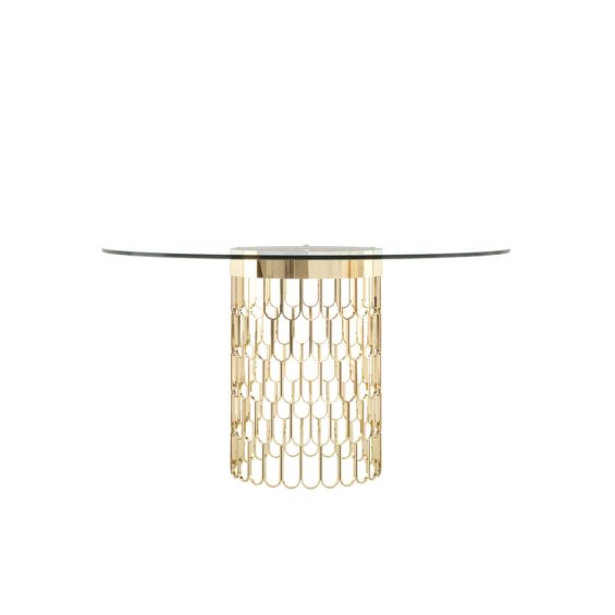 A modern dining table with an art deco-inspired golden base and round glass tabletop