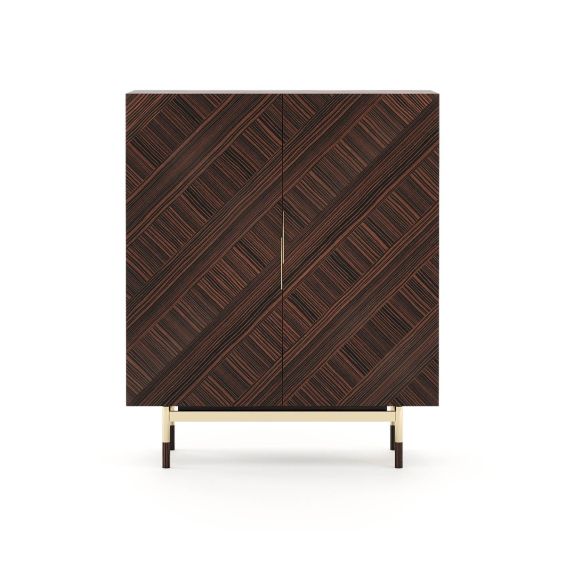 A luxurious mid-century inspired bar cabinet with golden accents 