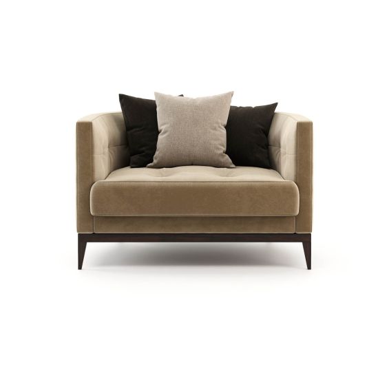 A luxurious and cosy armchair with velvet upholstery and blind tufted details