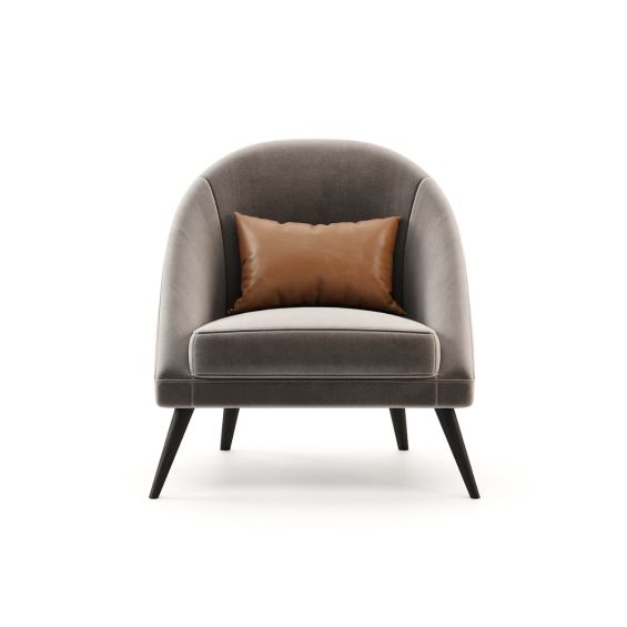 A stylish 70s inspired armchair with velvet upholstery and angled legs. Pictured in Vienna Mouse.