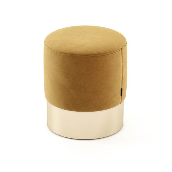 Mustard yellow velvet pouffe with gold painted stainless steel base