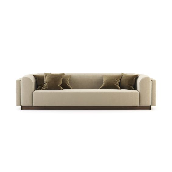 Long 3 seater, modern-vintage sofa with wooden base. Pictured in Vienna Elephant.