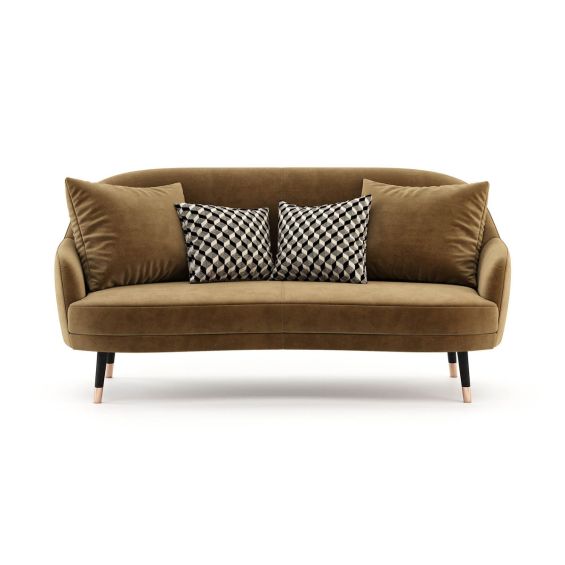 Retro style velvet sofa with wooden legs and copper tips. Pictured in Vienna Teja.