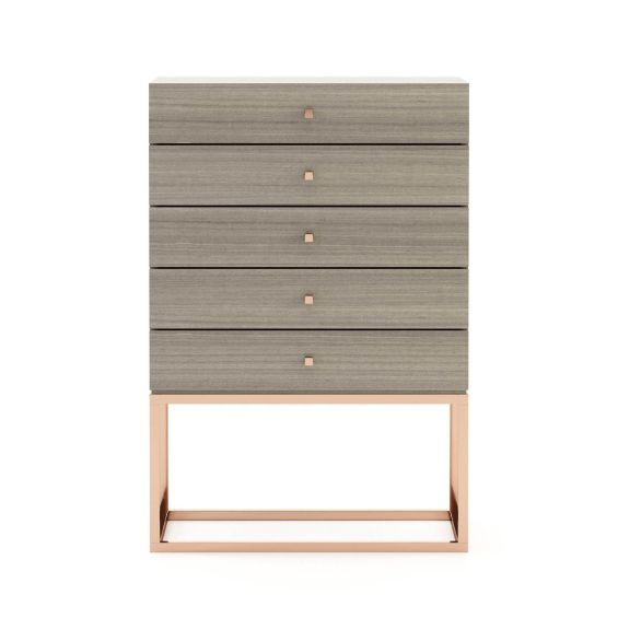 A luxurious modern 5-drawer tallboy with gold accents and base