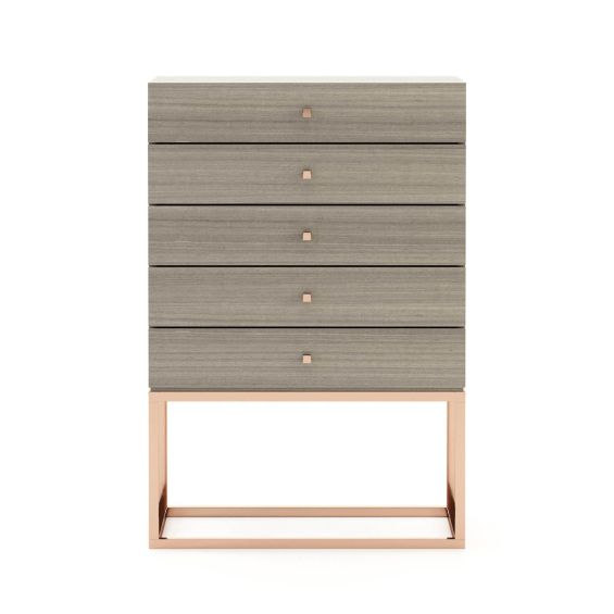 A luxurious modern 5-drawer tallboy with gold accents and base