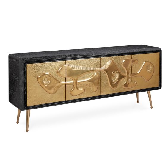 A brutalist inspired black and hand-hammered brass credenza 