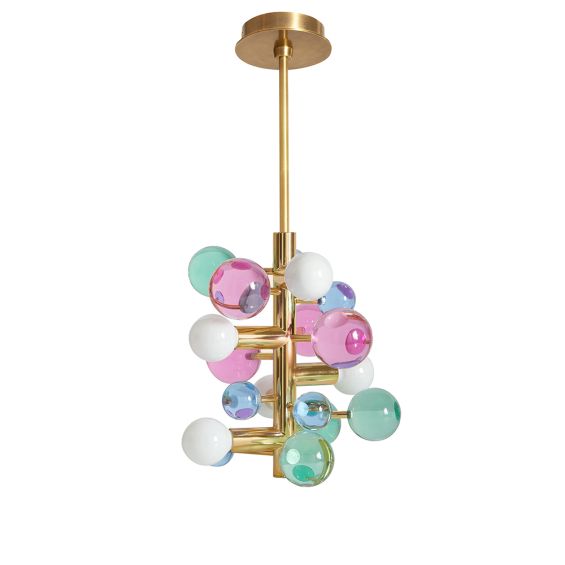 A glamorous 5-light chandelier with jewel-toned globe ornaments