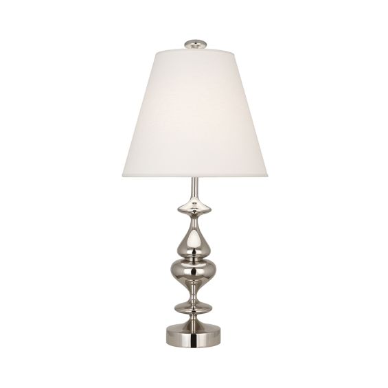 A modernised traditional table lamp in polished nickel