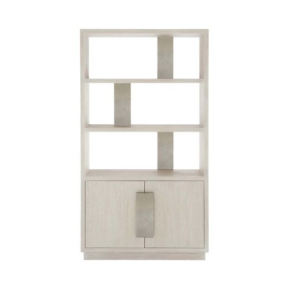 Two-toned display cabinet with irregular panelling.