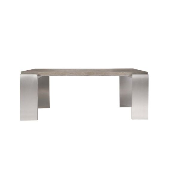 Wooden dining table with contrasting steel legs