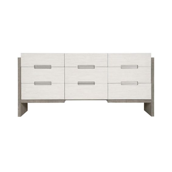 A sophisticated dresser from Bernhardt with a two toned white and grey finish, brushed stainless steel handles and nine soft closing drawers