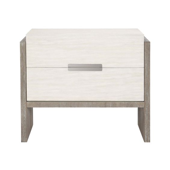 A beautiful bedside table by Bernhardt featuring a gorgeous two tone finish, two soft closing doors and a dual USB charger