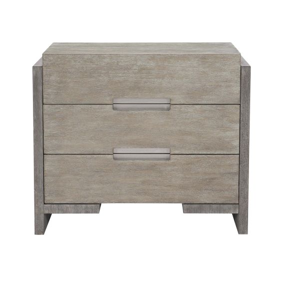 A gorgeous two tone bedside table with three drawers and a dual USB charger from Bernhardt