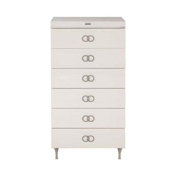 A small and chic tallboy with a foldable mirror feature and six drawers