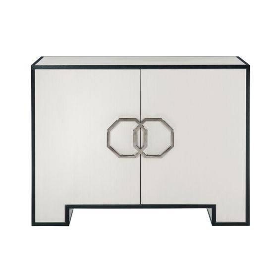 A sophisticated and spacious cabinet from Bernhardt with a two-tone finish, soft closing doors and adjustable shelves