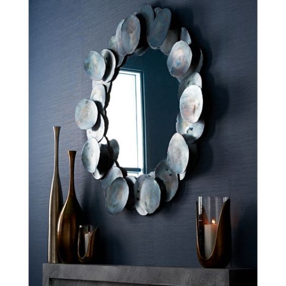 Blue-toned iron disc round mirror
