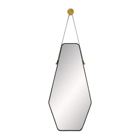 Upside down coffin-shaped wall mirror with leather strap to hang