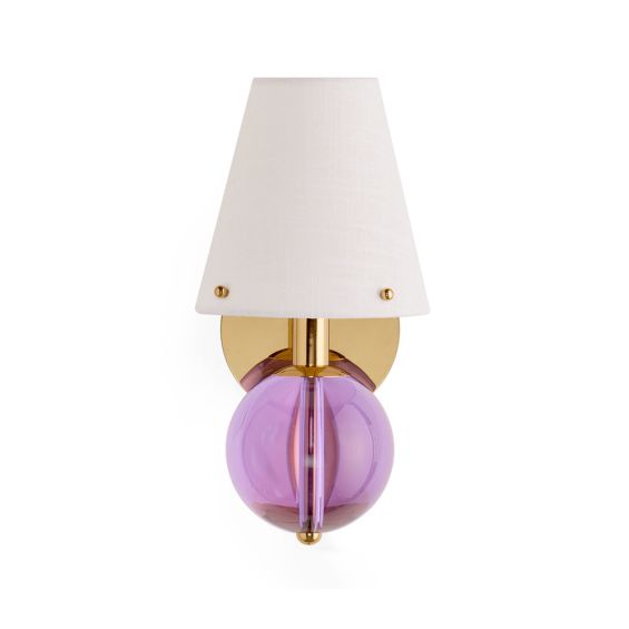 Opulent wall light with vibrant purple sphere and brass accents
