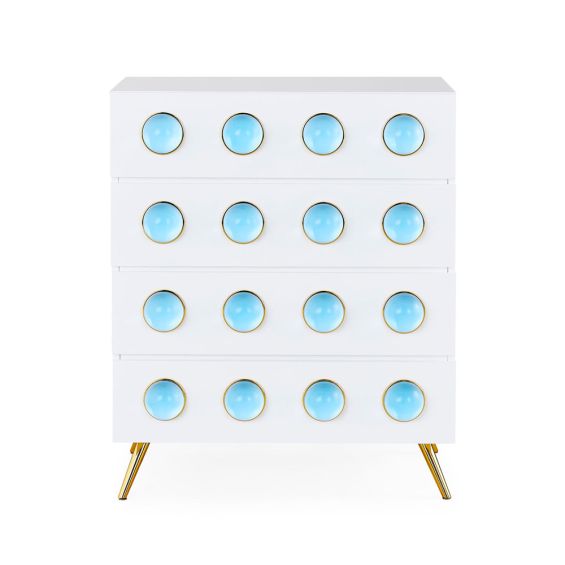 Playful and contemporary 4-drawer chest with blue orbs and brass details