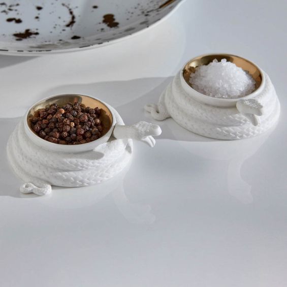 Enchanting snake design salt and pepper cellars with gold interior