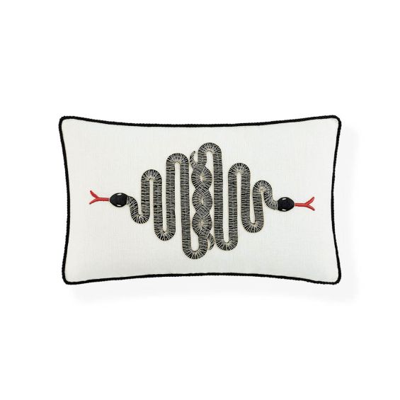 Elegant rectangle cushion with snake design, gold embroidery and black piping detail