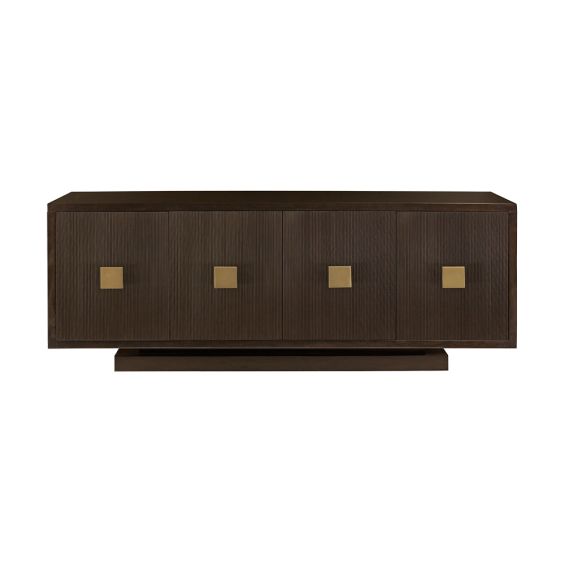 A classic dark brown textured 4 door buffet with brass square handles