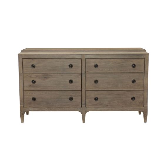 A stylish weathered oak 6-drawer dresser with bronze hardware