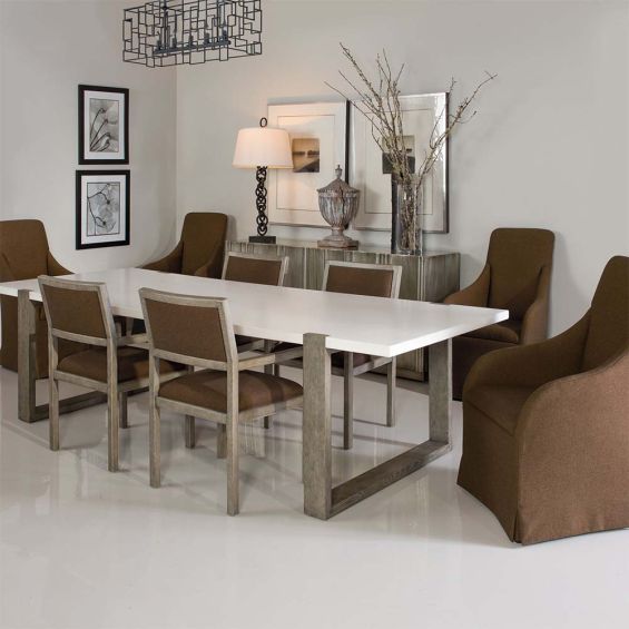 Scandinavian inspired dining table with white top and wooden legs