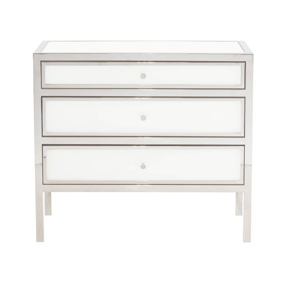 A glamorous bedside table with three spacious drawers from Bernhardt with a beautiful snow glass and nickel finish