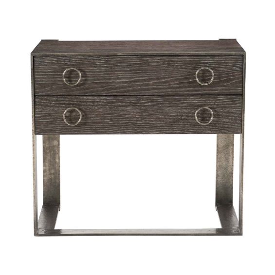 An industrial inspired bedside table with two drawers.